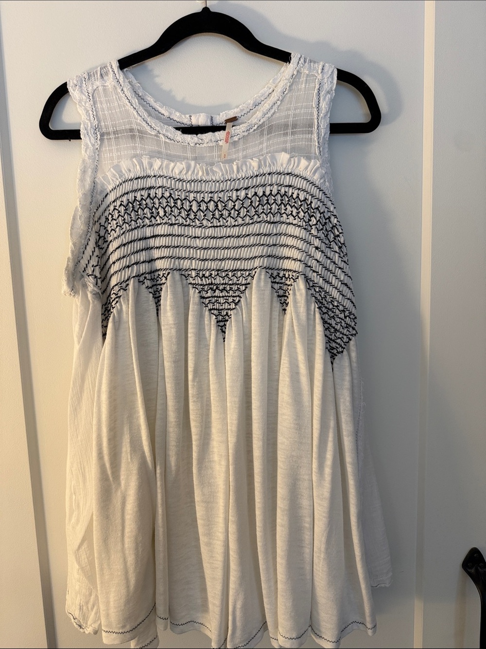 Free People White Tank with Black Smocked Yoke